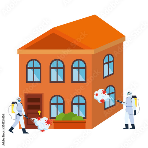 Men with protective suit spraying house with covid 19 virus design, Disinfects clean and antibacterial theme Vector illustration