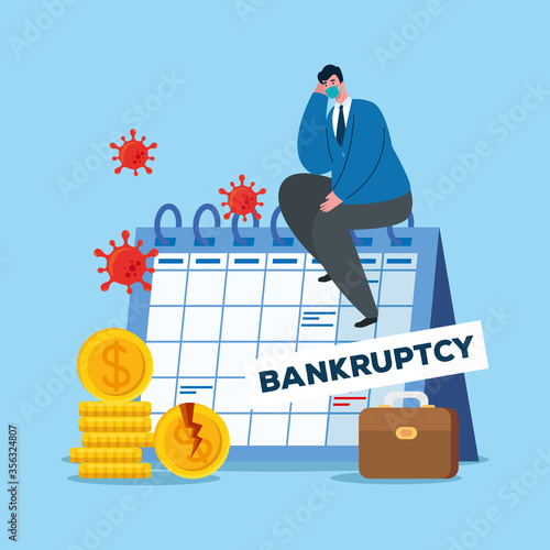 businessman with mask and calendar design of bankruptcy and covid 19 virus theme Vector illustration
