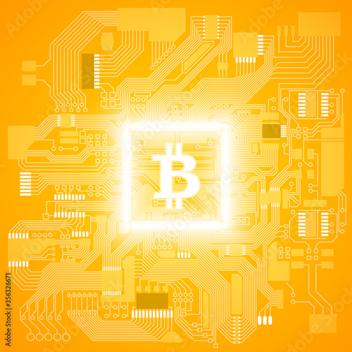 HUD Golden bitcoin. digital currency money. technology microchip mining worldwide network concept. Web banner golden bitcoin on motherboard background with microchip. Physical bit coin. Cryptocurrency