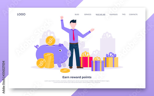 Earn points business landing page concept flat style design vector illustration. Loyalty reward points for purchase cashback program. Earn and get bonus signs. Happy man standing near gift boxes.