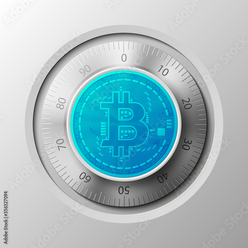 HUD Golden bitcoin armored box. Digital currency steel safe money. Technology bitcoin mining worldwide network. Web banner gold bitcoin combination lock bit coin. Cryptocurrency technology coins money