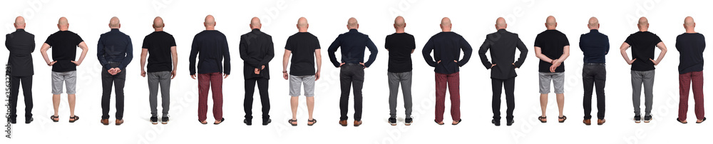 rear view of a man in various outfits on white background,