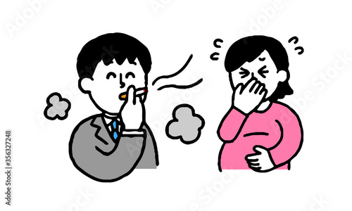 タバコを吸うスーツ男性と煙たがる妊婦（シンプル）