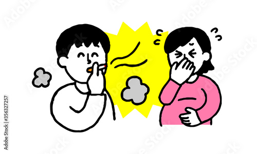 タバコを吸う男性と煙たがる妊婦（シンプル）