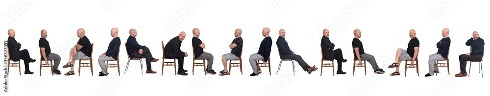 line of same man view in various outfits sitting on white background, side view line of same man view in various outfits sitting on white background, side view