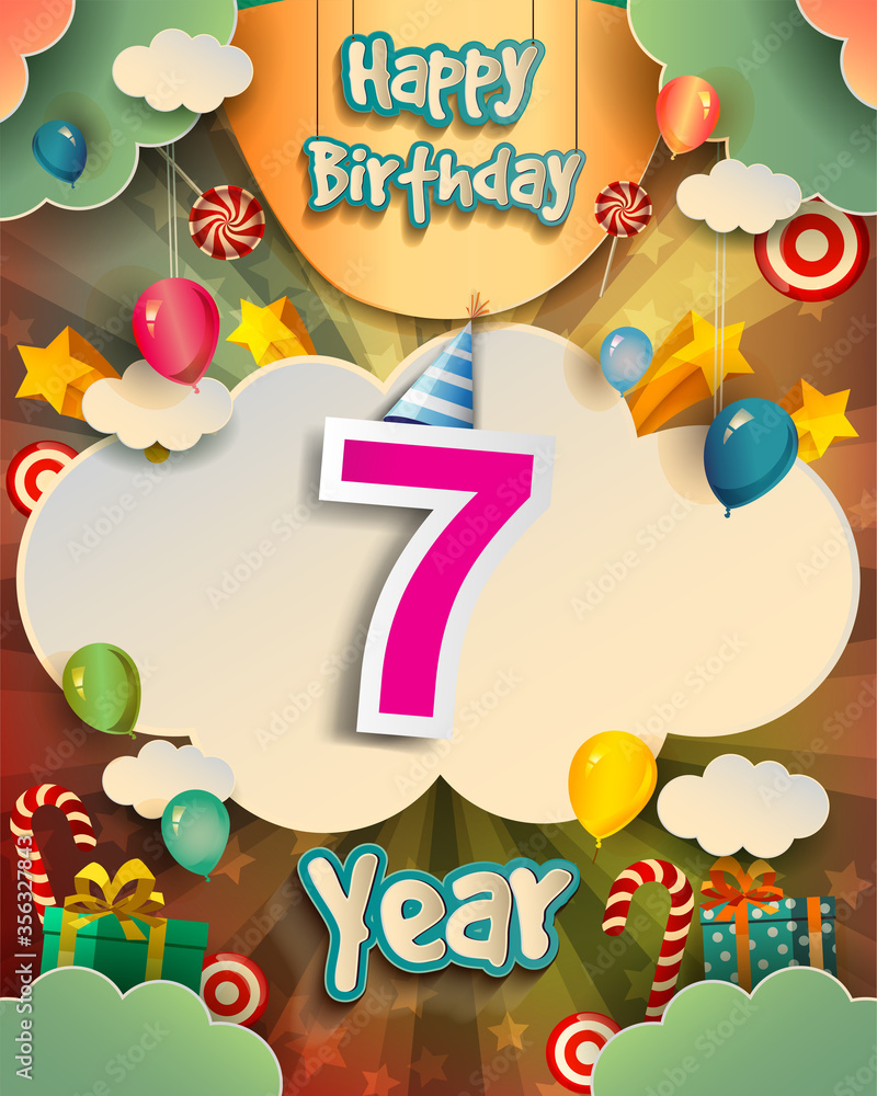 7th Birthday Celebration greeting card Design, with clouds and balloons. Vector elements for anniversary celebration.
