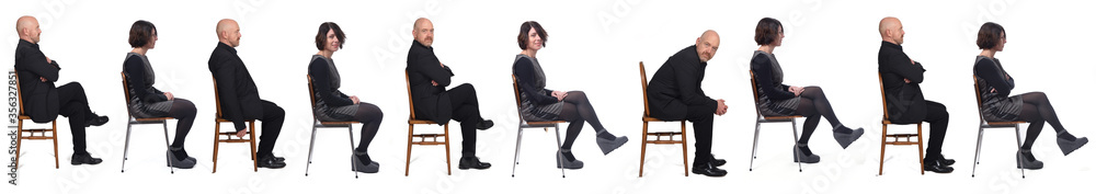 portrait of same couple sitting on a chair, profile portrait of same couple sitting on a chair, profile