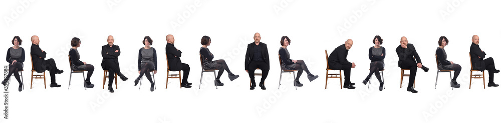 portrait of group of same couple sitting on a chair with front and profile on white background portrait of group of same couple sitting on a chair with front and profile on white background