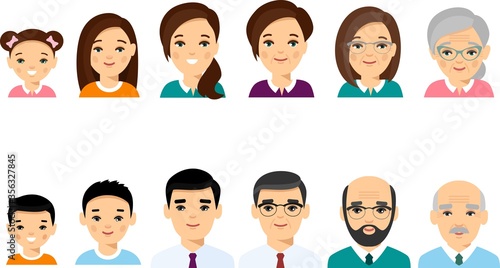 All age group of european female, male. Generations man and woman.