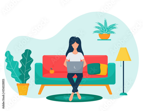 A female freelancer with dark hair sits cross-legged on the sofa and works with a laptop. The concept of remote work, study at home. Living room. Work from home. Vector illustration. Flat style