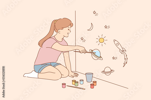 Quarantine, painting, art, game, leisure time concept. Child kid girl cartoon character drawing planets and stars on wall at home. Creative activity on self isolation coronavirus lockdown illustration