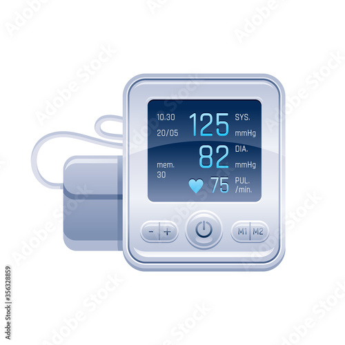 Tonometer icon. Medical device for blood pressure control. Hypertension check vector illustration. Realisitc 3d monitor with medical infographic. Heart measurement symbol isolated on white background