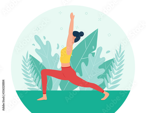 The girl does yoga in the fresh air. The concept of outdoor yoga.Yoga classes in nature. Flat style. Girl in the pose of a warrior. A female cartoon character on a background of foliage and plants