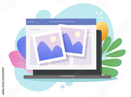 Photo picture online album and digital gallery watching on website or internet electronic photography images files on pc laptop computer network vector flat cartoon illustration