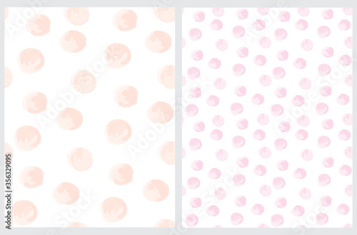 Cute Hand Drawn Abstract Irregular Polka Dots Vector Pattern Set. Salmon Pink and Light Pink Brush Dots on a White Background. Bright Watercolor Style Vector Print. Simple Dotted Layout.