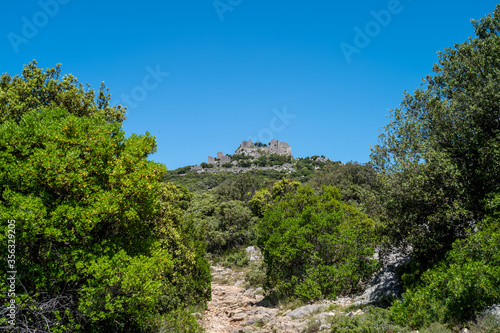 mountain landscape with blue sky, castle of Montferrant