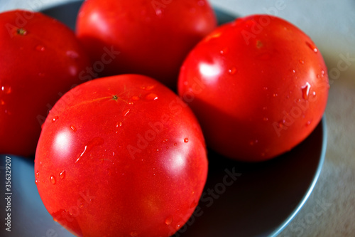Four red ripe tomatoes on a blue plate. Close-up. Side view.