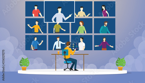 meeting through video conference application on computer flat cartoon style vector design illustration