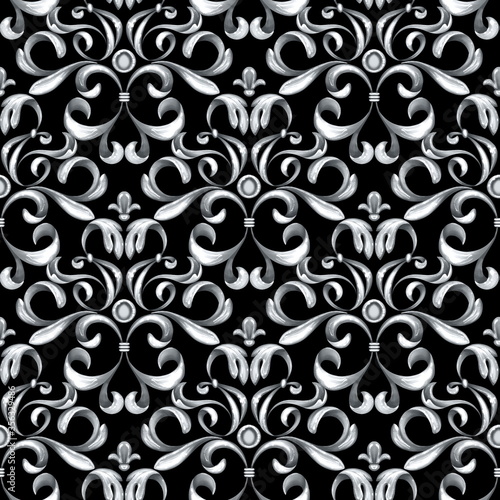 Seamless baroque pattern with silver scrolls on black background