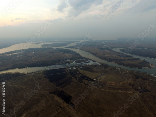 Aerial view of the countryside (drone image).Near river Desna.Winter time.Sunset. Kiev,Ukraine