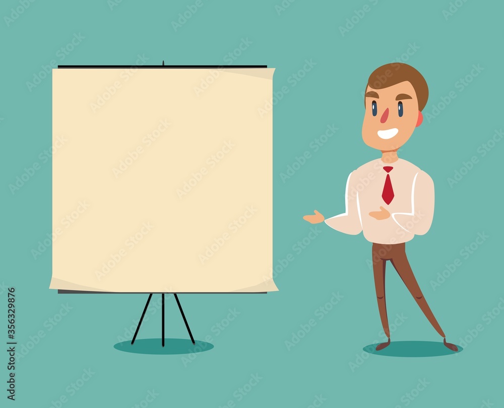 Happy smiling young business man showing blank signboard, isolated on white background. Vector flat design illustration.
