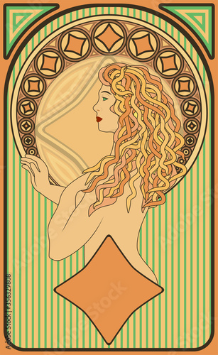 Art nouveau  woman diamonds casino poker card, vector illustration	