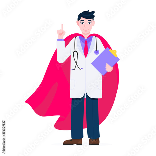 Young adult doctor hospital medical employee with hero cape behind fights against diseases and viruses on frontline flat style vector illustration. Doctor physician medical clinic staff new hero