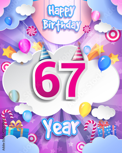 67th Birthday Celebration greeting card Design  with clouds and balloons. Vector elements for anniversary celebration.