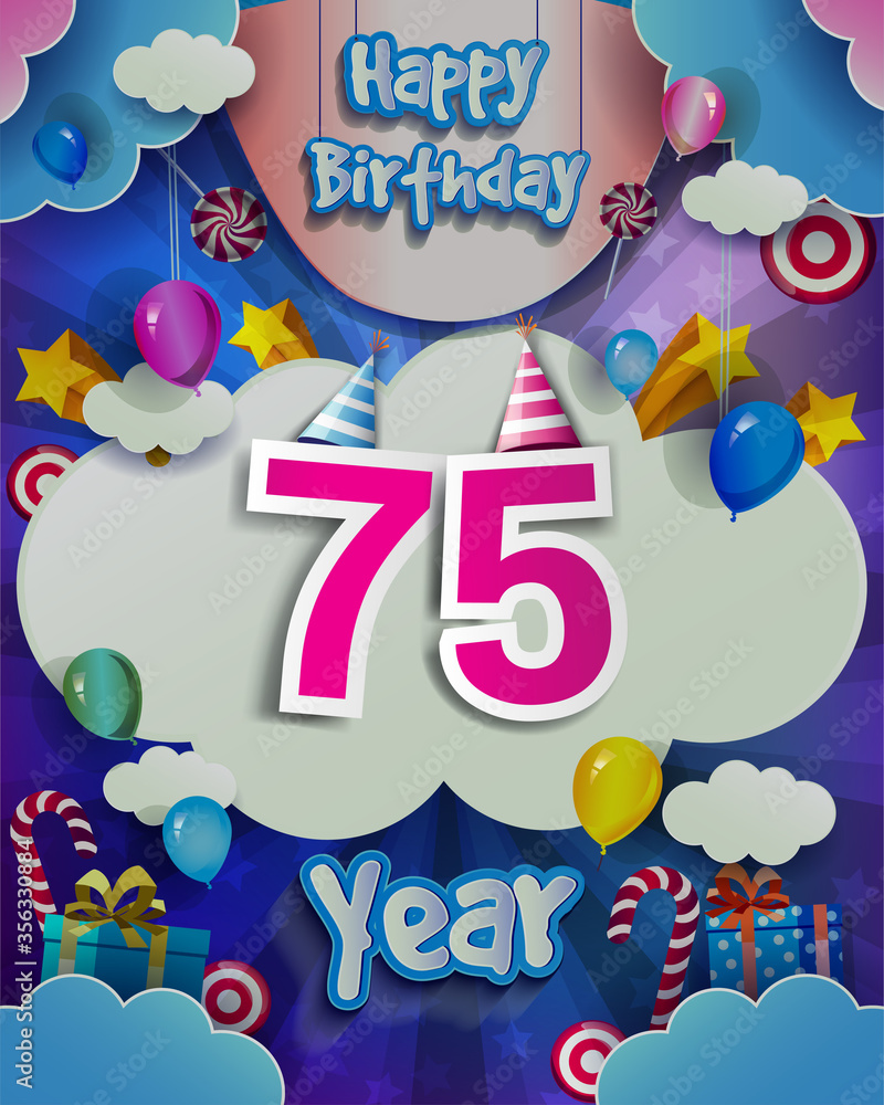 75th Birthday Celebration greeting card Design, with clouds and balloons. Vector elements for anniversary celebration.