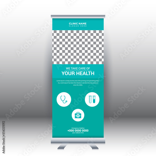 Creative abstract modern medical roll up banner design template vector illustration concept. Hospital health care promotion standee banner.