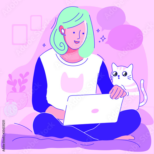 Working at home with cat, coworking space, concept illustration. Young woman freelancers working on laptops. People at home in quarantine. Vector flat style illustration. work in comfortable condition