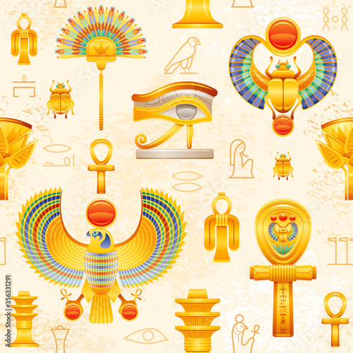 Ancient Egypt seamless pattern. Egyptian pharaoh vector symbol background. Ra sun Scarab, Horus Falcon Wadjet eye, Isis Tyet knot, coptic Ankh, Fan, Lotus, Osiris Djed pillar. Historical god Icon set