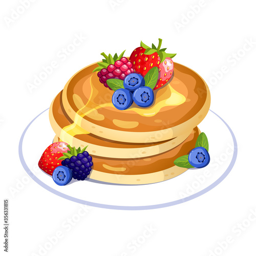 Pancakes with berries on the plate.