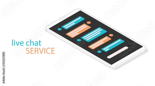 Live chat service. Isometric vector illustration. Realistic white outline smartphone. 3d model of phone with sms message bubbles. Social flat network interface. Vector web media live illustration