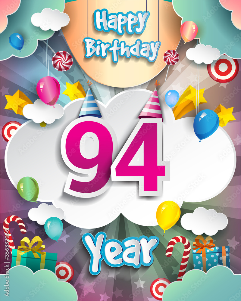 94th Birthday Celebration greeting card Design, with clouds and balloons. Vector elements for anniversary celebration. 94th Birthday Celebration greeting card Design, with clouds and balloons. Vector elements for anniversary celebration.