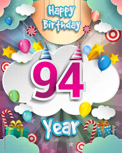 94th Birthday Celebration greeting card Design  with clouds and balloons. Vector elements for anniversary celebration.