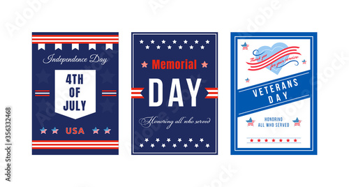 American national holiday poster flat vector templates set