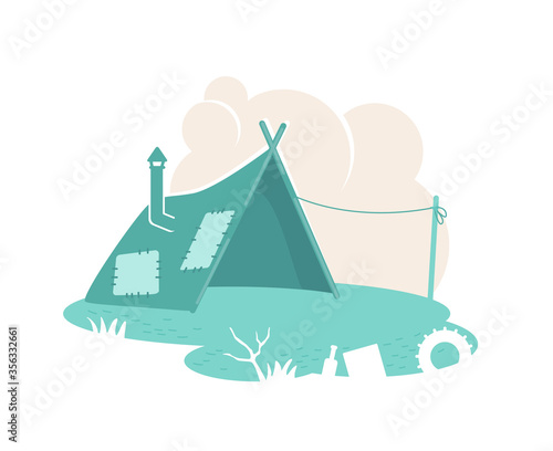 Refugee camp tent 2D vector web banner, poster