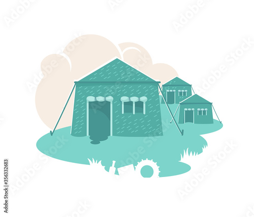 Military tents 2D vector web banner, poster