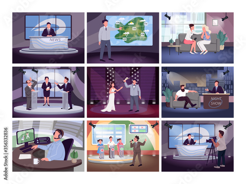 Television programming flat color vector illustrations set