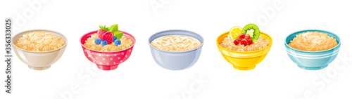 Oat bowl. Oatmeal breakfast cup, oat grain porridge with fruit, berry, milk. 3d realistic icon. Cartoon style muesli, flake. Healthy sweet food design. Vector illustration isolated on white background