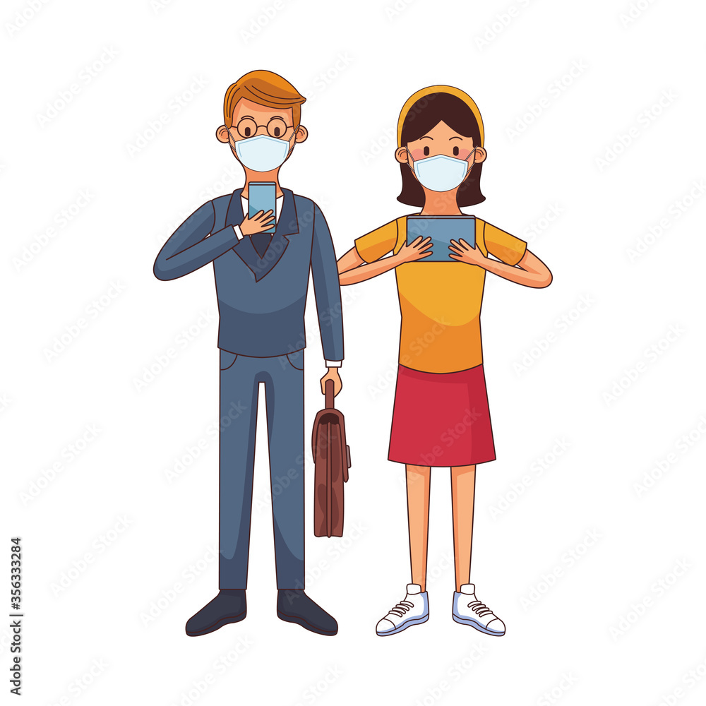 young couple wearing medical mask using technology characters