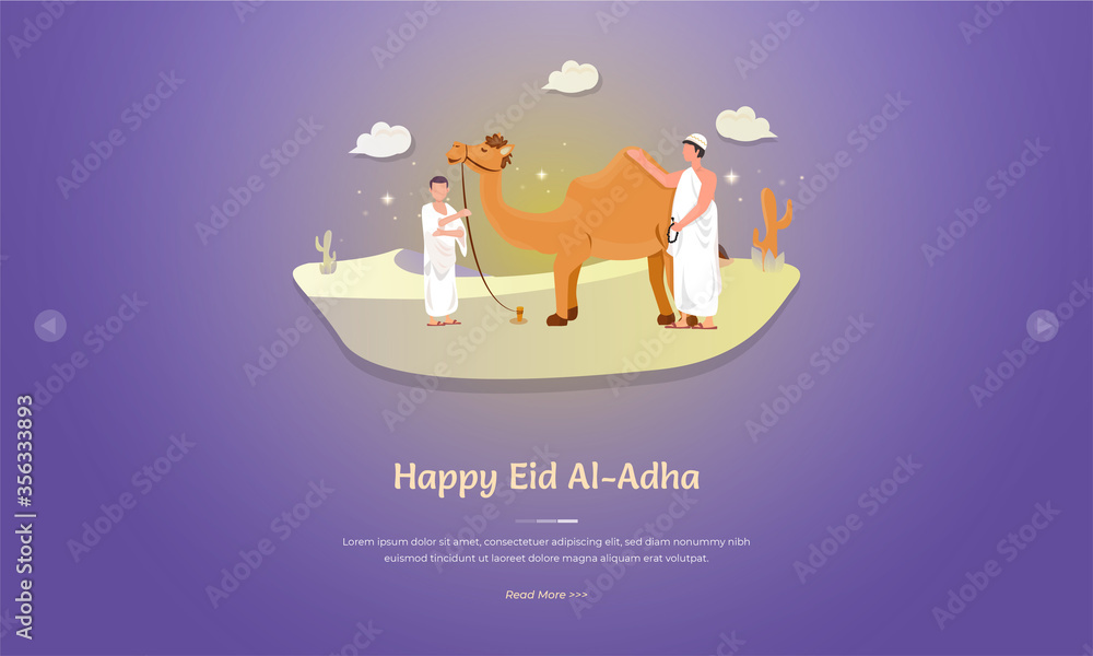 Eid al Adha greeting concept with muslims and camels character Eid al Adha greeting concept with muslims and camels character
