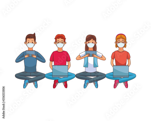 interracial people wearing medical masks using technology seated