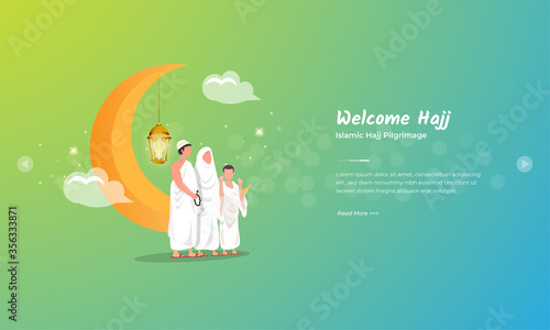 Eid al Adha greeting concept with Muslim families on the pilgrimage