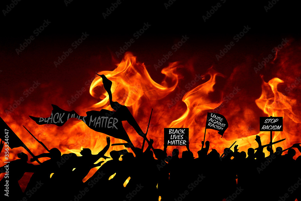 Black Lives Matter, a socio-political movement that is fighting for a better integration of minorities in the American USA US society and the stop of police brutality turns into riot and chaos - obrazy, fototapety, plakaty 