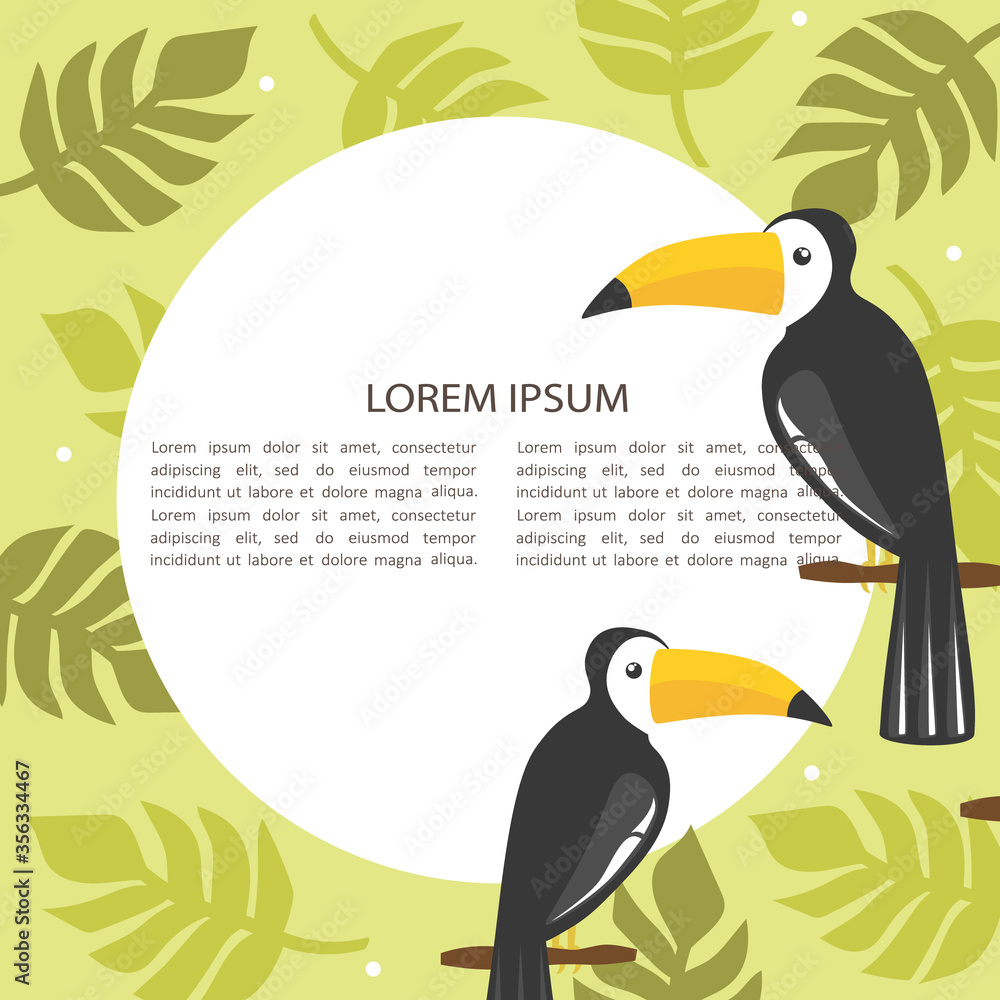 Naklejka premium Illustration with toucans, palm leaves and place for text, poster design. Colorful background vector. Cartoon wallpaper. Hand drawn backdrop, birds