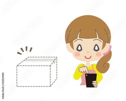 点線の箱とスマートフォンを操作する女性