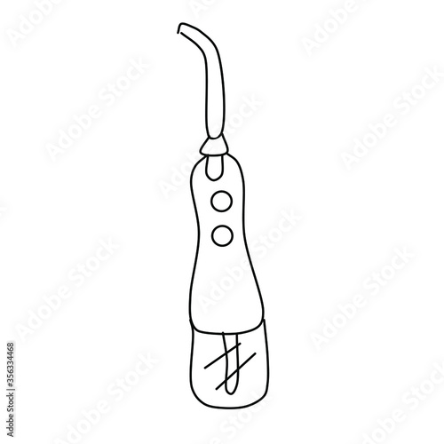 The dental irrigator is isolated on a white background. Electric device for oral cavity hygiene in the home using the flow of water. Vector illustrations in the Doodle style. Hand-drawn.