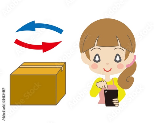 箱と矢印とスマートフォンを操作する女性